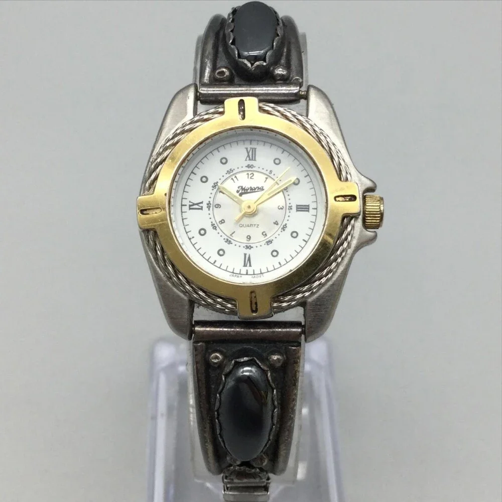 Merona Womens Watch 26mm Native American Signed Tips Sterling Black Inlay